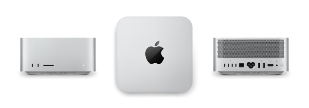 Photorealistic detailed Apple Mac Studio M4 Max 2025 mockup. Real dimentions. Top, front and back views isolated on white background. Vector editorial illustration