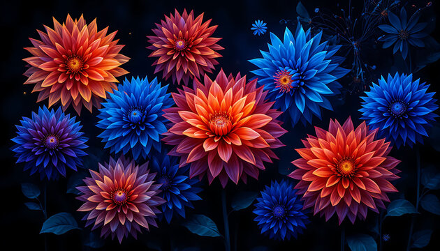 Collection of vividly colored layered flowers resembling dahlias or chrysanthemums in shades of red, orange, purple, and blue arranged against dark background with glowing centers
