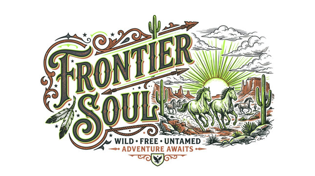 Vintage Western Style Frontier Soul Typography Design with Running Horses.