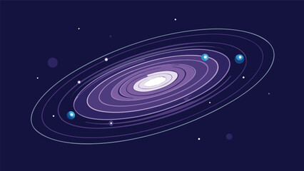 Abstract illustration of a purple spiral galaxy in deep space with orbiting planets science fiction universe astronomy astrophysics exploration celestial interstellar illustration abstract © shachin