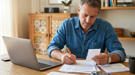 Fototapeta premium Personal finance management and accounting concept during tax season featuring a man with receipts.