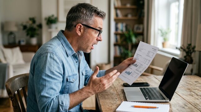 Mature man in disbelief at high household expenses while holding a utility bill.