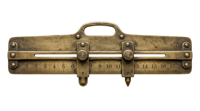 Vintage green and brown military style slide rule calculator with a metal handle isolated on white background