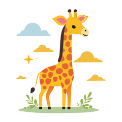 Obraz premium Cute cartoon giraffe illustration with clouds and stars