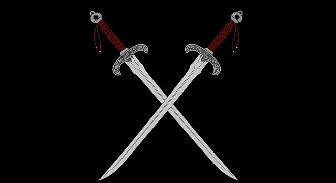 Crossed Medieval Swords on Black Background Illustration