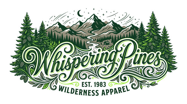 Vintage style Whispering Pines wilderness apparel logo design with mountains and pine trees.