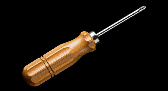 Phillips screwdriver with wooden handle isolated on black