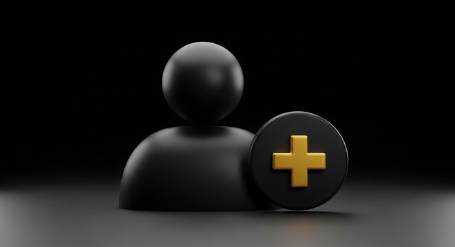 3D Add User Profile Icon with Gold Plus Sign on Black Background
