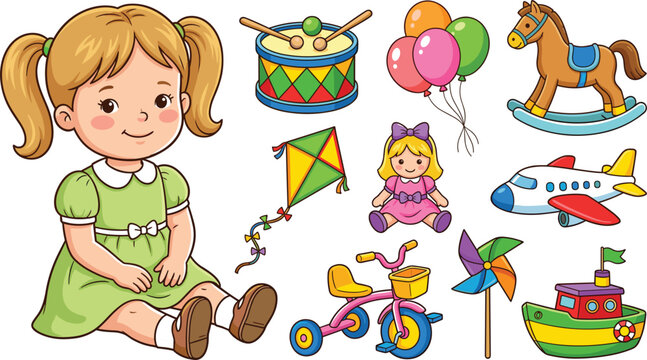 Cute cartoon girl sitting with colorful children toys collection drum balloons rocking horse kite airplane doll tricycle boat pinwheel vector illustration
