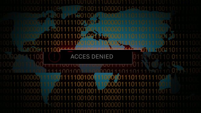 Map silhouette with binary code digits and an access denied red stamp globe Generate title without using the word "Title:" before it