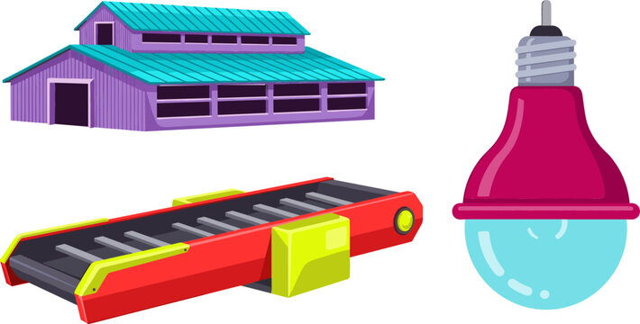 Industrial Warehouse Infrastructure Vector Set with Purple Manufacturing Factory Building Mechanical Roller Conveyor Belt and Red LED Light Bulb Element
