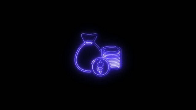 Neon blue glowing money bag and coin stack with dollar sign on dark Generate title without using the word "Title:" before it. background