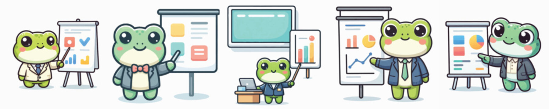 Vector of a cute cartoon frog character giving a presentation