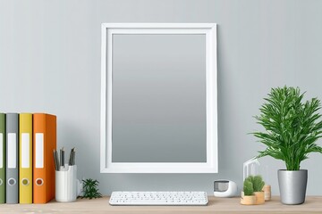Fototapeta premium White frame on desktop with colors and keyboard