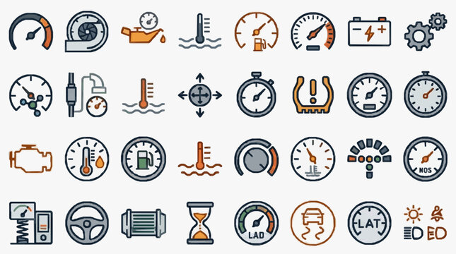Clean Icons Set of Car Dashboard Warning Lights and Indicators in Orange and Gray Color Scheme with high quality professional line art symbols for modern creative design and digital branding projects