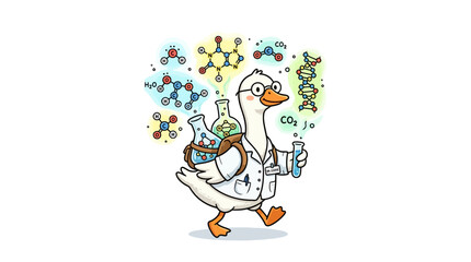 Fototapeta premium Cartoon goose wearing lab coat.