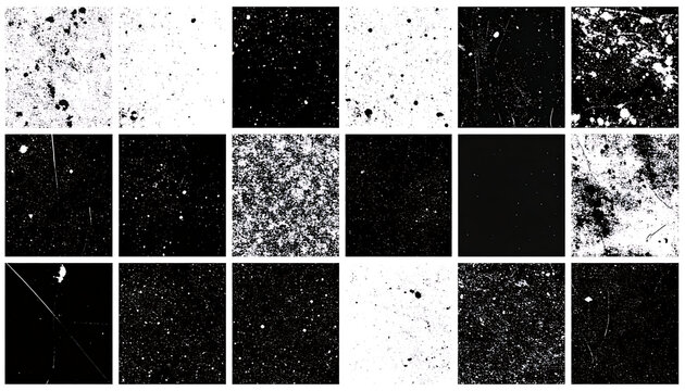 Set of eighteen distressed monochrome noise textures, grit overlay, grain, specks, dirt, dust, grunge patterns for vintage design effects and decay simulation