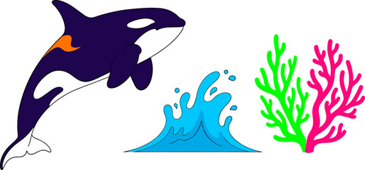 Marine Life Ocean Ecosystem Vector Set with Jumping Orca Killer Whale Sea Water Splash Wave and Colorful Underwater Coral Reef Organism Elements © Sufea