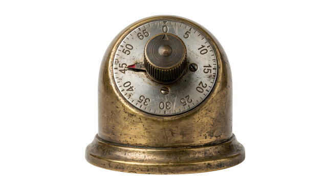 Vintage mechanical kitchen timer with a round metal dial for counting down minutes isolated on white background