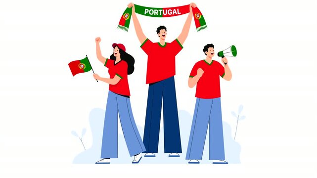Editorial vector animation of Portugal football supporters celebrating victory with flags, scarves, and cheers. Modern flat character motion graphics for soccer, sports events, and Portuguese fans.