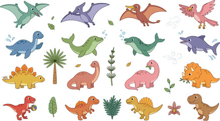 Cute Dinosaur and Prehistoric Creatures Collection Featuring T Rex Stegosaurus Triceratops Pterosaurs Marine Reptiles and Cartoon Illustrations © Bokul