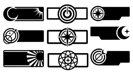Fototapeta premium Blank black and white sci-fi stream UI text frames. Features vector silhouettes of a compass, orbit, atom, power button, moon, sun rays, and stars
