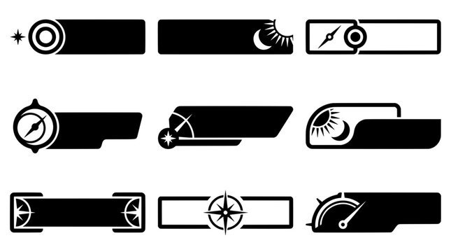 Blank black and white navigation stream UI text banner frames. Features vector silhouettes of compasses, gauges, dials, suns, moons, and speedometers