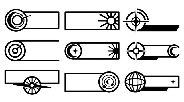 Blank black and white navigation HUD and stream UI text frames. Features vector silhouettes of a globe, crosshair target, dials, sun, and orbits