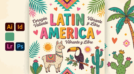 Obraz premium Vibrant collection of thirty-eight charming Latin American cultural symbols and traditional motifs featuring festive Mexican icons, llamas, cacti, and ethnic decorative folk art elements.