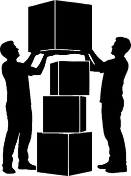 Two people lifting a stack of boxes together.