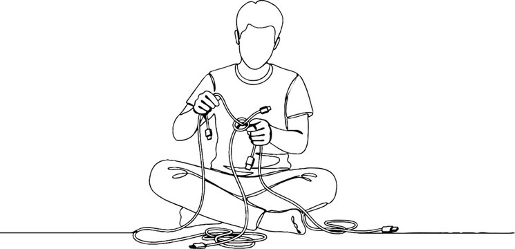 Person sitting and tying knots in ropes.