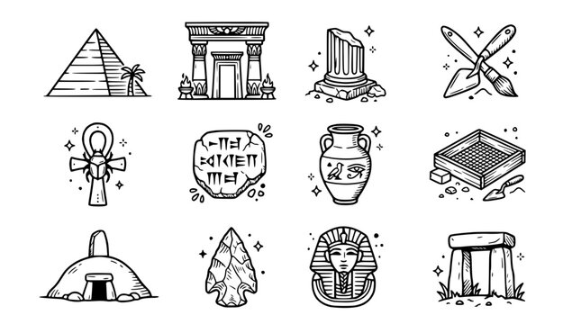Ancient Egyptian and Archeology Icons: Pyramids, Pharaoh, Hieroglyphs, Artifacts