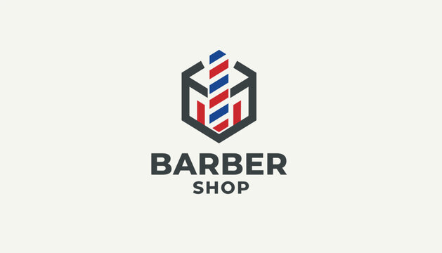 Modern barber shop logo featuring a classic red white and blue striped barber pole enclosed within a dark gray hexagon.