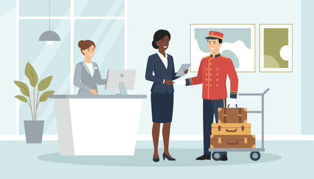 Busy hotel lobby scene featuring a professional receptionist, a guest checking in, and a bellhop with luggage carts.