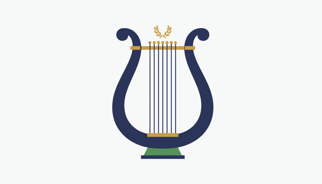 Ancient Greek lyre instrument illustration in dark blue and gold colors featuring a laurel wreath symbol for music and arts.