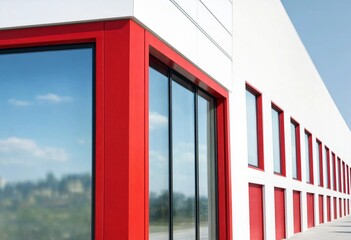 Fototapeta premium Modern commercial building with sleek glass facade, urban architecture, dramatic sky, sunlight reflections, business district, contemporary design, and professional exterior structure concept.