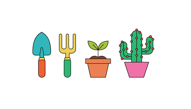 Set of colorful gardening icons featuring a trowel, hand rake, a seedling in a pot, and a cactus in a pink container on a white background.