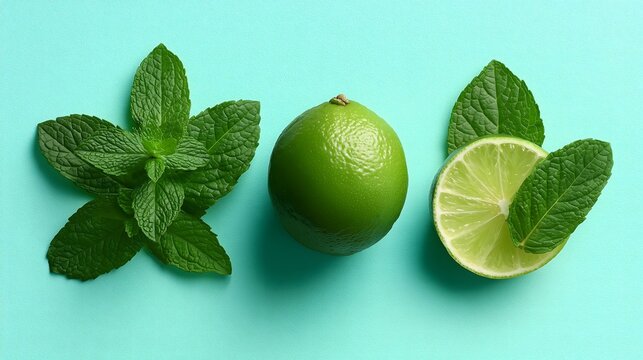 Whole lime and fresh mint leaves on pastel mint background. Refreshment, detox, healthy ingredients. Flat lay, top view. 