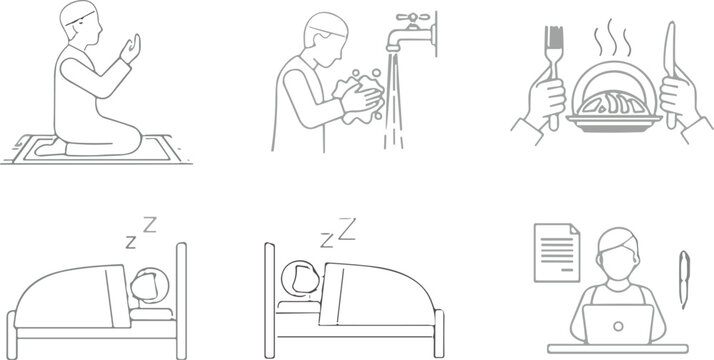 Daily routine and Islamic activity line icon set featuring prayer wudu dining sleeping and working