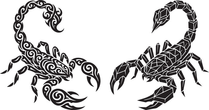 Two scorpion illustrations black and white vector designs on a white background