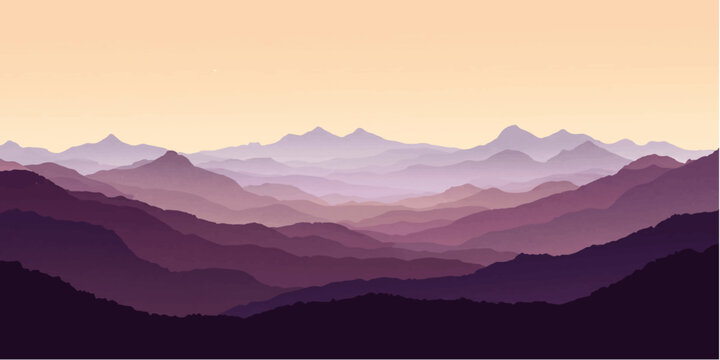 Misty mountain ranges fade into a soft, pastel sky, creating a serene and atmospheric landscape of layered peaks and valleys in a minimalist style.
