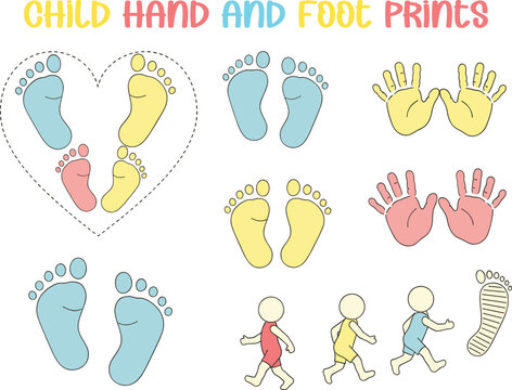Colorful child hand and foot prints in yellow, blue, and red, arranged in a set with a child
