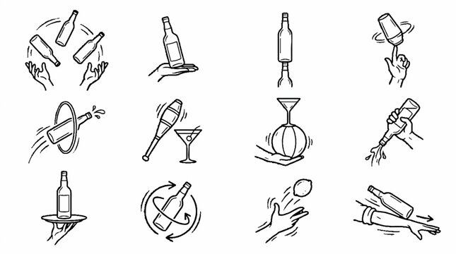Bartender flair bartending skills and bottle juggling tricks hand drawn doodle icons set.