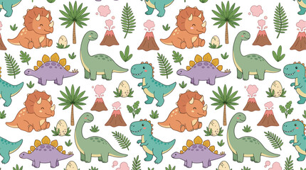 Cute Dinosaur Seamless Pattern Featuring Triceratops Brachiosaurus Stegosaurus T Rex Volcanoes Ferns Eggs and Prehistoric Cartoon Illustrations © Bokul