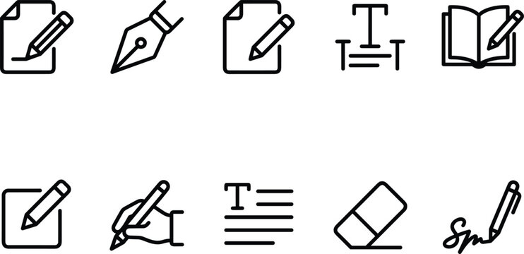 Edit and Document Writing Icon Set with Fountain Pen Nib Eraser Text Alignment Open Book Hand Signature and Note Linear Vector Graphics