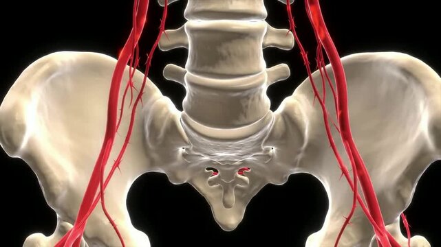3D Visualization Of The Lumbar Spine Model Demonstrating Chronic Back Pain With Highlighted Nerves In Red Against Black Background