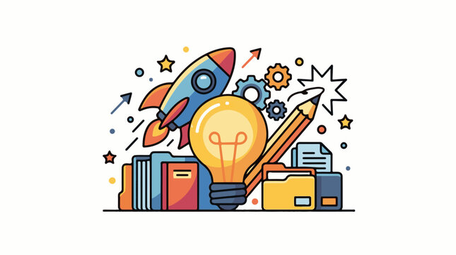 A colorful cartoon image of a rocket launching near a hand holding a glowing lightbulb