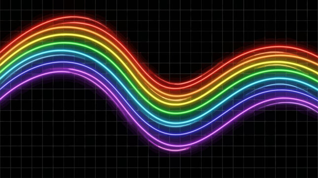 Abstract retro banner with neon rainbow line on black background vibrant light trails featuring ninety colorful glowing stripe in futuristic synthwave style and geometric motion.