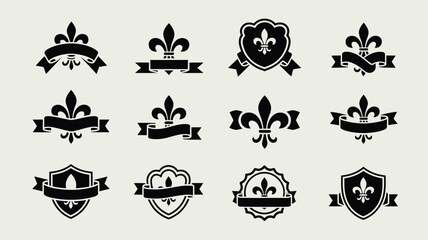 Fleur de lis emblems on banners shields and badges vector icons. © PRITOM