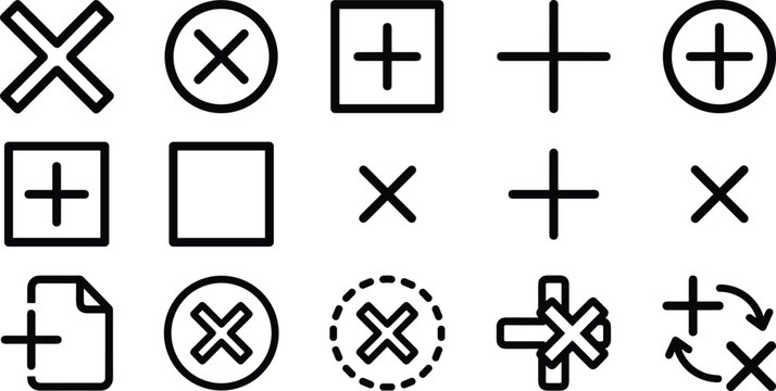 Plus and Cross Math Symbol Icon Set with Close Cancel Add Delete Document and Math Operator Signs for UI Design Linear Vectors